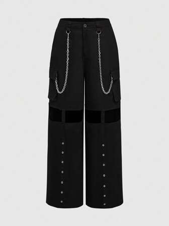 Grunge Punk Women's Chain Decor Distressed Wide Leg Cargo Pants With 3D Pockets