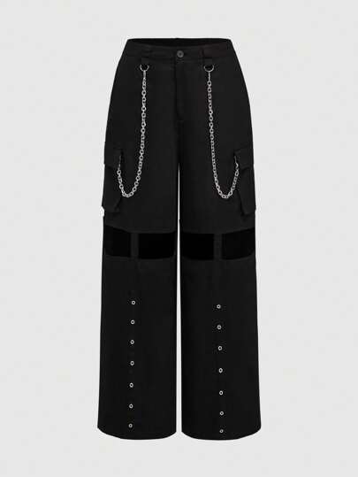 Grunge Punk Pantalones cargo de pierna ancha con efecto desgastado y decoración de cadena, con bolsillos 3D para mujer