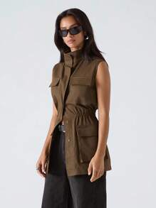 LYSMO 女士秋冬纯色单排扣工装口袋休闲无袖薄款夹克 - 棕色 - 查看 5