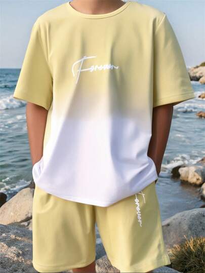 SHEIN Tween Boy's Gradient Short Sleeve T-Shirt And Shorts Set, School, Campus, College Summer Holiday