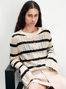 Chiquease Pulover tricotat cu mânecă lungă și dungi, guler rotund, scobit din buzunar, toamnă-iarnă