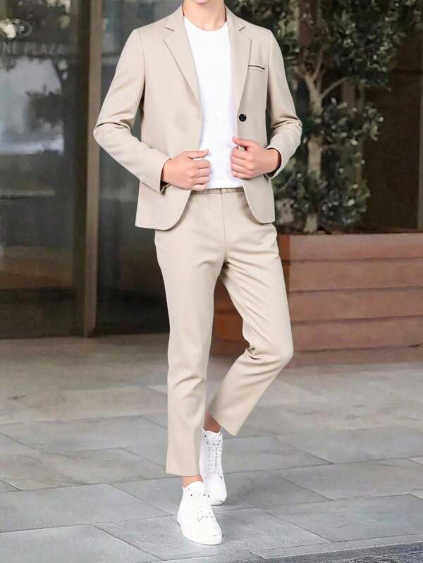 SHEIN Set de 2 piezas Traje casual de verano para niño preadolescente de estilo gentleman preppy que incluye chaqueta tipo blazer de unicolor y pantalones formales de cintura elástica, adecuado para fiestas de cumpleaños, galas, actuaciones y bodas