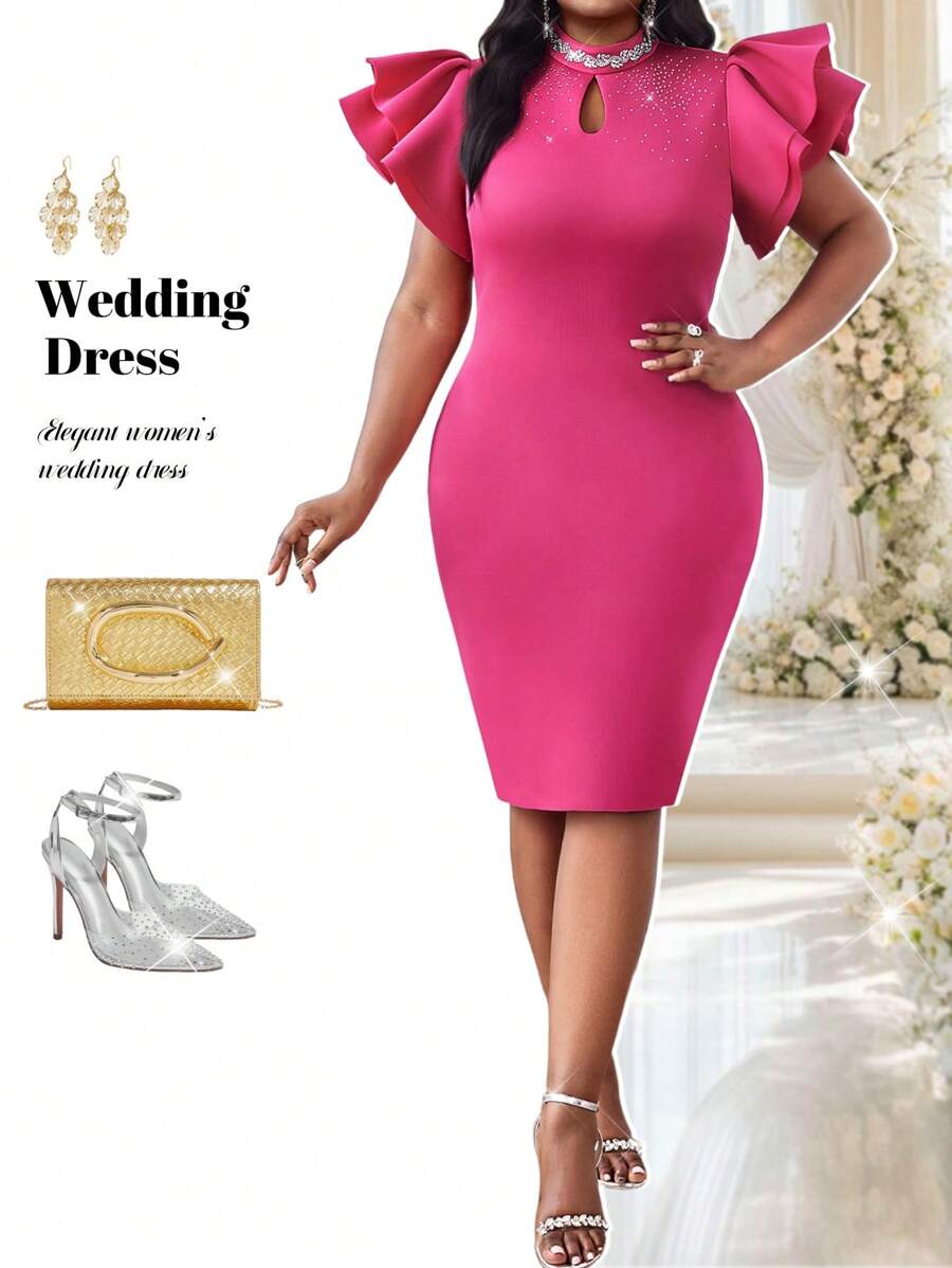 Fleurora Große Größen Damen einfarbiges körperbetontes elegantes Rüschenärmel Kleid mit Strass-Verzierung, Hochzeitsgast-Kleid, Elegante Kleider für Frauen, Festivaloutfits für Frauen, Partykleider für Frauen - Heißes Pink - Übersicht 1