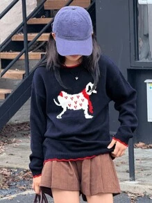 女童圆领小狗图案毛衣，青少年女孩秋季服装 - 寶藍色 - 查看 6