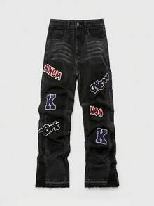 ROMWE MEN Prep Men's Casual Street Fashion Patch Pocket Denim Jeans - Black - View 1
