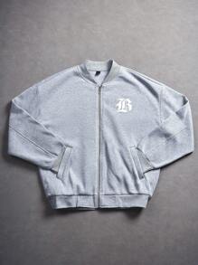 Manfinity Sporsity Men's Letter Print Long Sleeve Zipper Front Casual Baseball Jacket , Grey Zip Up Jacket, Grey Varsity Jacket, Fall/Winter