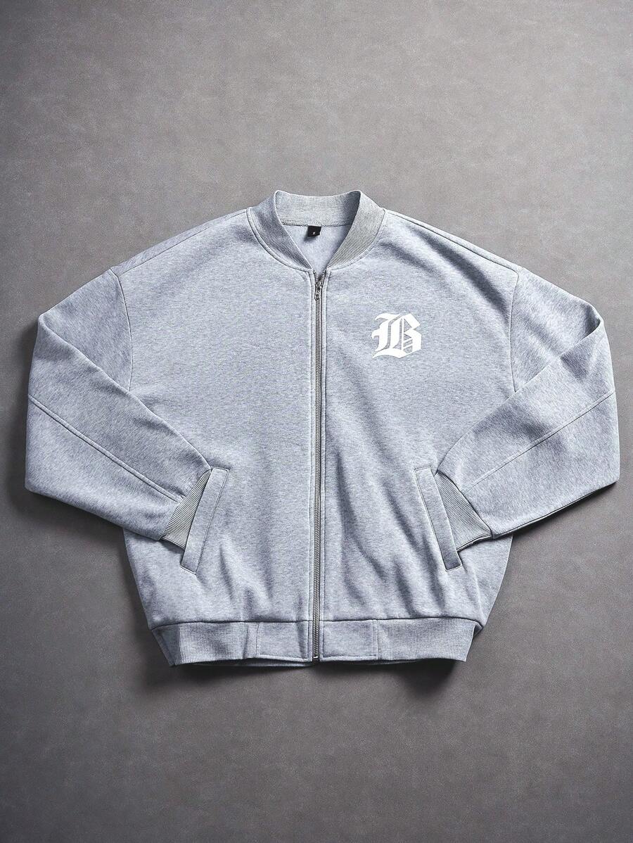 Manfinity Sporsity Men's Letter Print Long Sleeve Zipper Front Casual Baseball Jacket , Grey Zip Up Jacket, Grey Varsity Jacket, Fall/Winter