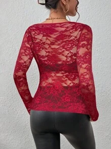 SHEIN Tall CURVE 大码女式休闲性感修身蕾丝长袖上衣 - 酒紅色 - 查看 2