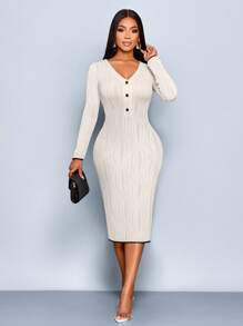 SOLERSUN 夏季休闲优雅简约开领V领撞色边修身长裙波浪针织面料连衣裙夏装女装日常外出通勤 - 杏色 - 查看 1