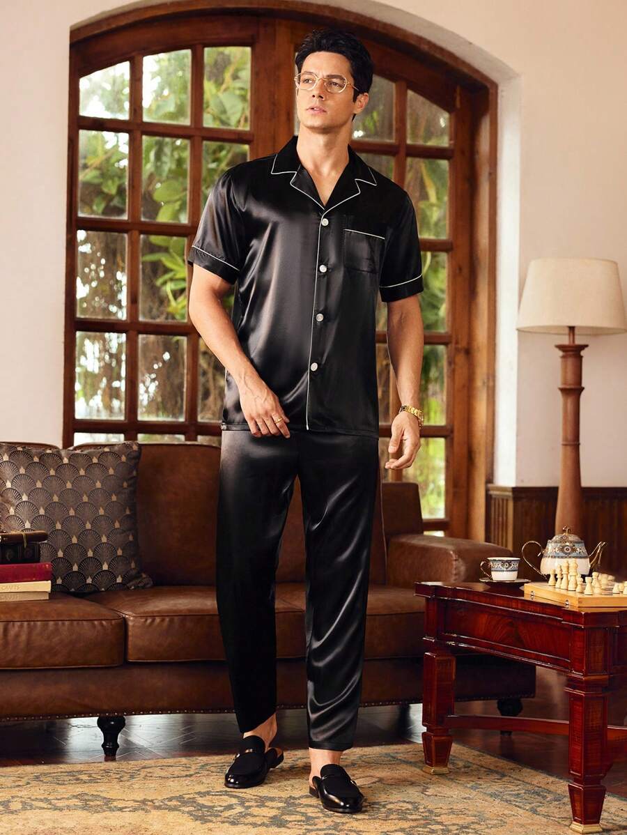 SHEIN Men Leisure Comfortable Simple Loose Top & Pants Home Clothing Set - Black - View 1