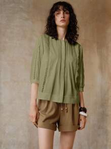 EMERY ROSE 女款2025春季新款法式镂空蕾丝设计小众短款衬衫 - 綠色 - 查看 7