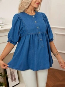 SHEIN Maternity Casual Commuter Puff Sleeve Denim Blouse