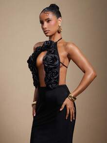 Hauture 女士3D花朵性感露背吊带裙，适合派对穿着 - 黑色 - 查看 4