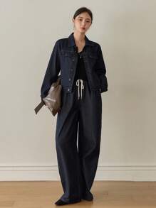 Dazy-Less Women's Loose Business Casual Cargo Style Denim Jacket And Pants Set With Large Pockets, Drawstring, Tie Waist, Autumn/Winter,Fall Women Clothes - Black - View 5