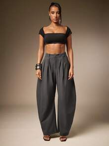Hauture Basic Summer Casual Solid Charcoal Pleated Oversized Barrel Pants - Grey - View 3