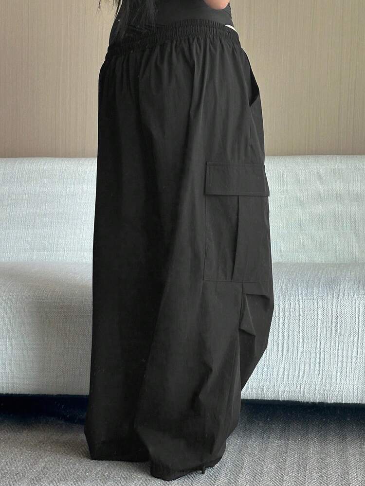 Dazy Plus Loose Cargo Pants With Large Pockets, Elastic Waist Drawstring, Plus Size Street Style Trousers For Plus Size Women