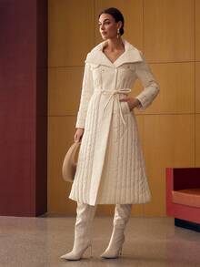 MOTF PREMIUM 系腰带双排扣冬季大衣 - 米色 - 查看 4