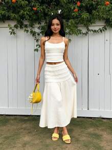 SHEIN 少女休闲简约舒适吊带背心和长裙套装 - 黑色 - 查看 4