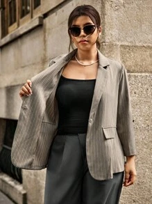 Calvaya 大码女式春秋条纹卷边休闲宽松西装外套 - 咖啡棕 - 查看 8