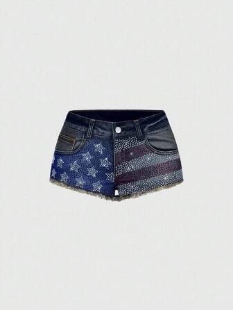 Grunge Punk Y2K Baddie 4th Of July Distressed Vintage Wash Ultra Low Rise Denim Shorts With Rhinestone American Flag