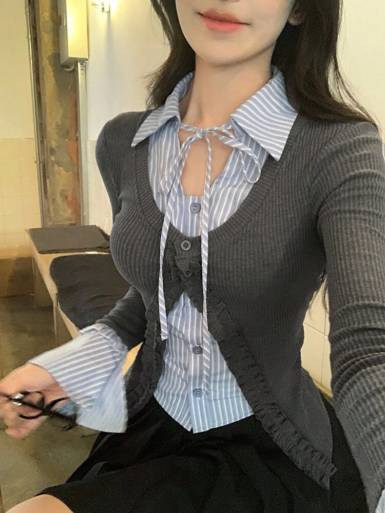 Women's Striped Patchwork Tie-Up Frill Trim Fitted Long Sleeve Casual T-Shirt