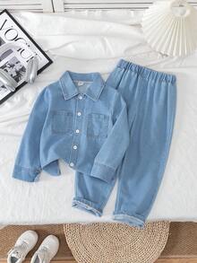 SHEIN 2 件幼儿男童韩版牛仔领长袖衬衫 + 时尚休闲牛仔裤套装，春秋 - 藍色 - 查看 3