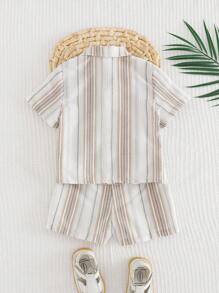 Cozy Pixies 2 件套男婴彩色条纹装饰翻领短袖开衫和松紧腰短裤套装 - 彩色 - 查看 2