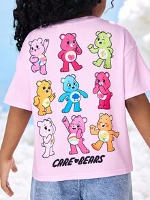 SHEIN X Care Bears 少女卡通熊图案圆领宽松休闲短袖针织T恤夏季 - 粉色 - 查看 6