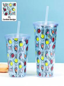 HARRY POTTER X SHEIN 1PC Cold Drink Juice Cup, 450ml Or 600ml Transparent Flat Lid, Double-Layer Straw Cup, Straw Juice Cup, Transparent Bow Shaped Cup - Multicolor - View 1