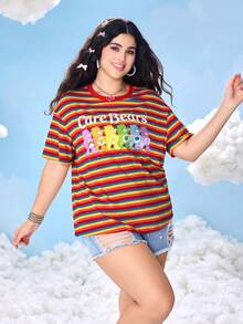 SHEIN X Care Bears Áo thun ngắn tay kẻ sọc in hình gấu hoạt hình cỡ lớn mùa hè, áo cầu vồng, áo cầu vồng chủ đề cầu vồng mùa thu - Nhiều màu - Xem 5