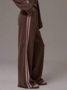 MUSERA Wide Leg Contrast Side Seam Joggers Casual Airport Loungewear Back To School Pants Sweatpants Spring - Brown - View 3
