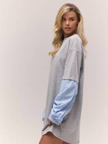 MUSERA 叠层超大条纹短袖T恤裙，复古乡村风，可爱俏皮，适合返校季休闲穿着，女款奶油糖色，派对优雅风。 - 灰色 - 查看 2