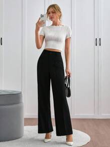 SHEIN Tall Women's Solid Color High Waist Toothpick Stripe Design Loose Casual Commuter Wide Leg Pants