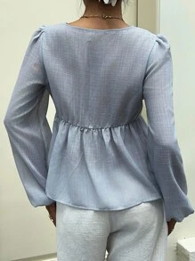 Sunnyshic 条纹系带撞色镂空碎花灯笼袖衬衫 - 霧霾藍 - 查看 2