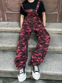 Manfinity Roghcode 男士迷彩图案口袋阔腿宽松休闲牛仔背带裤 - 紅色 - 查看 4