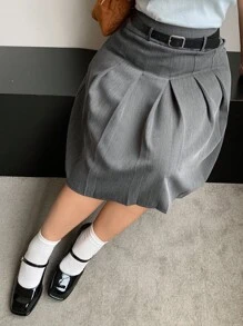 Dazy Plus Váy dài đến đầu gối xếp ly chữ A màu trơn cỡ lớn cho nữ, phong cách học sinh mùa thu - Màu xám đen - Xem 8