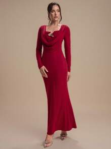 Modelyn Women's Solid Color Draped Neck Long Sleeve Fitted Elegant Dress