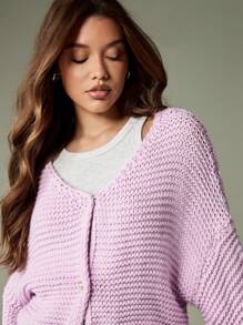 MISSGUIDED 粗针织短款开衫纽扣前开襟超大灯笼袖 V 领冬秋季毛衣舒适休闲针织衫