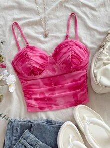 Soleia Damen Große Größen Urlaubs rosafarbenes Mesh geraffte Trägerhemd