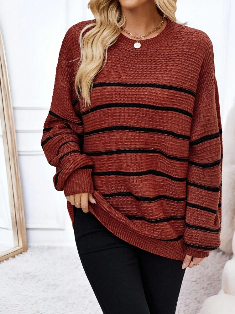Women Casual Minimalist Striped Lantern Sleeve Crew Neck Sweater