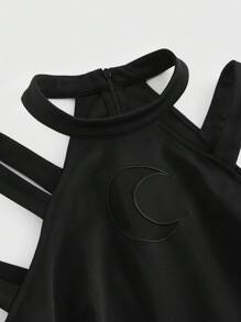 ROMWE Summer Vacation Style Gothic Moon Hollow Out Mesh Splice Off-Shoulder Slit Women Dress - Black - View 4