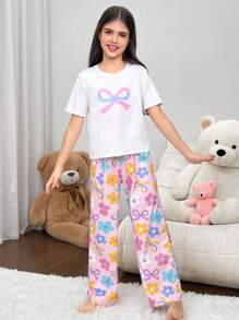 SHEIN 青少年女孩宽松休闲舒适圆领套头 T 恤和裤子家居服套装 - 粉色 - 查看 6