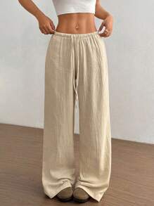 SHEIN Tall 1 件女士休闲宽松低腰休闲裤，杏色，适合通勤、居家、四季