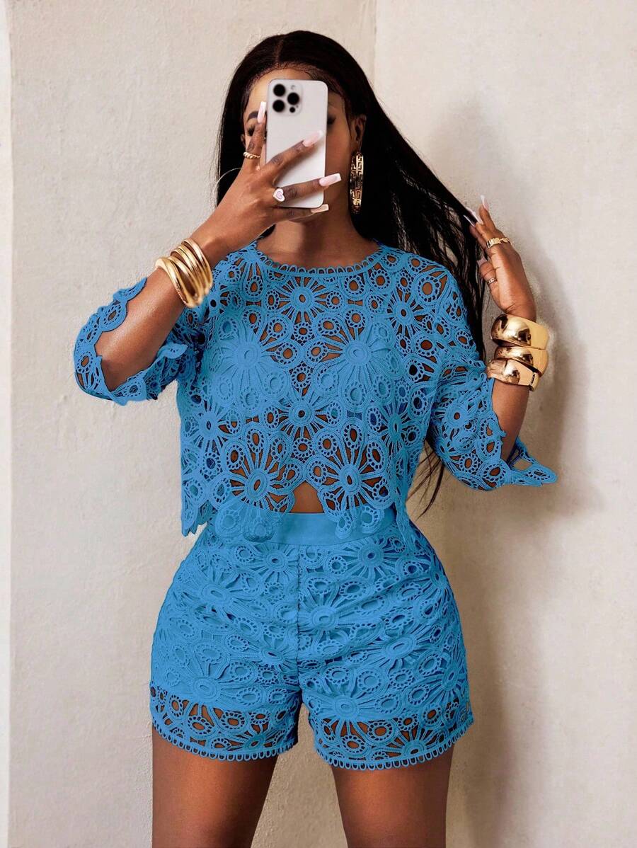 BamGleam 性感镂空蕾丝透视喇叭袖四季针织女式衬衫，女士上衣，修身优雅圆领上衣 - 藍色 - 查看 1