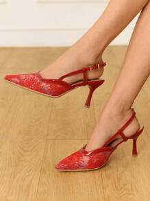 CUCCOO HITCHD 女士刺绣蕾丝雪花尖头细高跟中跟鞋，优雅浪漫红色网纱高跟鞋，礼服鞋，新娘婚礼宾客派对正式鞋，时尚节日场合鞋履 - 紅色 - 查看 2