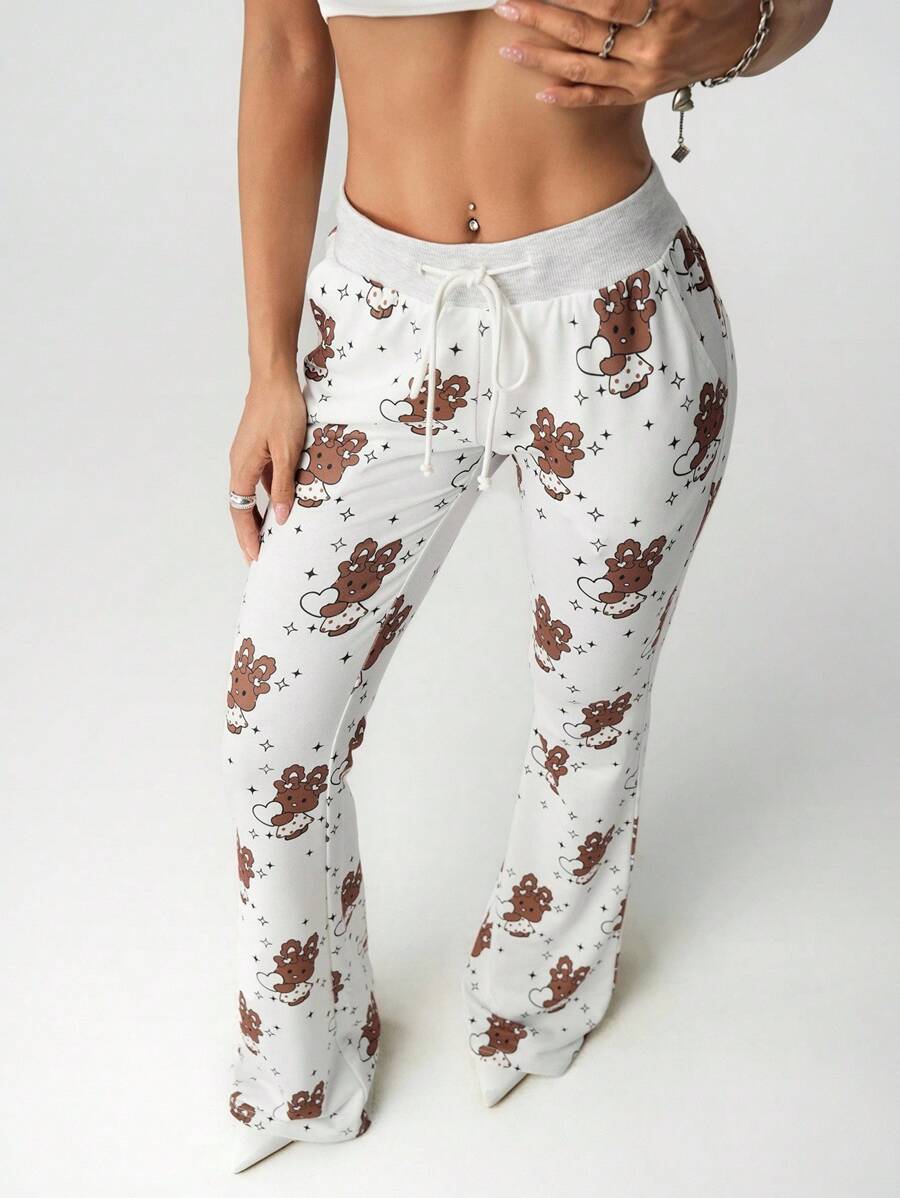 SHEIN ICON 修身卡通印花超低腰喇叭裤女式运动裤 - 淺灰色 - 查看 1