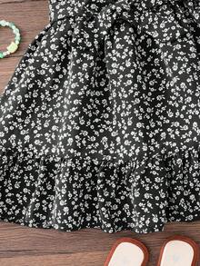 Young Girl Sage Green Floral V-Neck Ruffle Hem Dress,Summer Elegant Fairy Party Outfits,Girls Back To School First Day Outfits,Snug Fit Dance Dress - Black - View 4