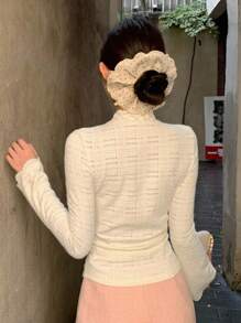 DAZY Women's Textured Fabric Lace Patchwork Tie-Up Long Sleeve T-Shirt - Beige - View 5