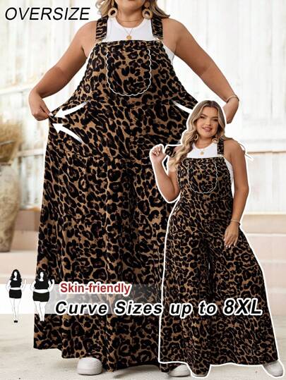 SHEIN CURVE+ Plus Size Women's Western Style Vacation Casual Knit Leopard Print Wide Leg Jumpsuitfall Clothes For Women,Winter,CURVE PLUS