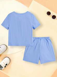 CoComelon X SHEIN 2pcs/Set Young Boy Cute Cartoon Pattern Round Neck Short Sleeve T-Shirt And Shorts, Loose Casual Outfit
